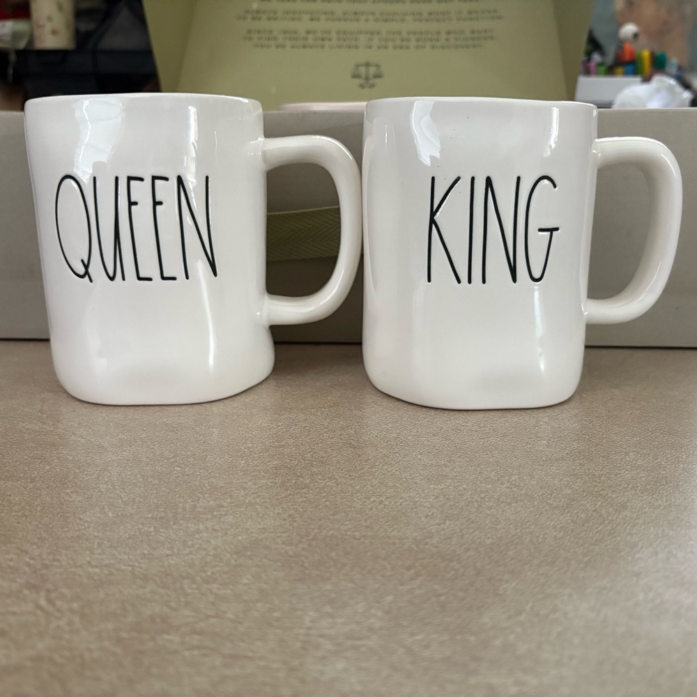 Rae Dunn White 'Queen' and 'King' Mug Pair